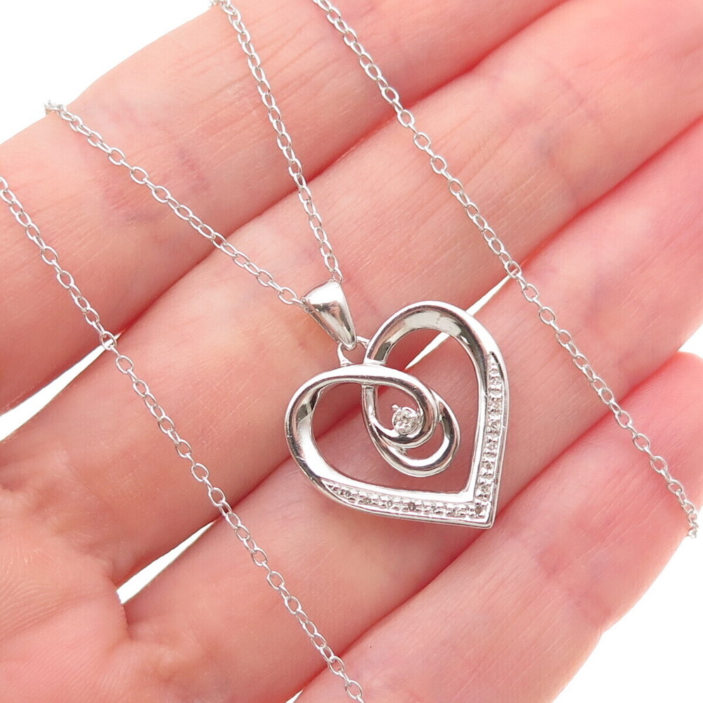 925 Sterling Silver Real Round-Cut Diamond Heart Cable Chain Necklace 18"